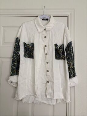 ChicMe White and Grey Sequin Sleeve Jacket